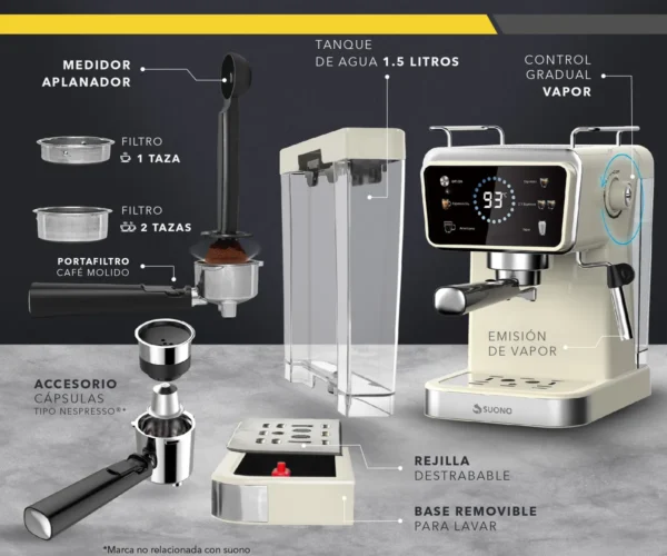 Cafetera Expresso Digital Capsulas 1,5 L 1350 W Color Crema Suono